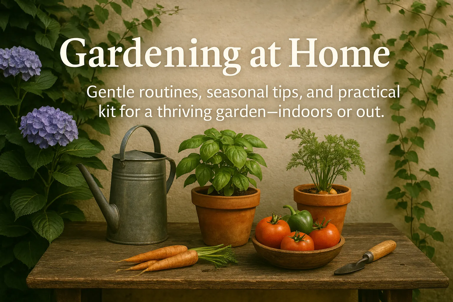 Gardening at Home – calm greenery and tools on a potting bench